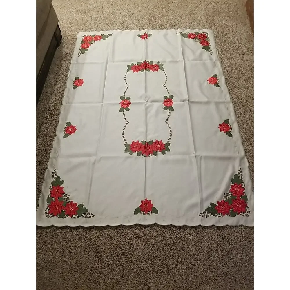 Vtg Poinsettia‎ Applique Christmas Lace Cut Work Tablecloth 52